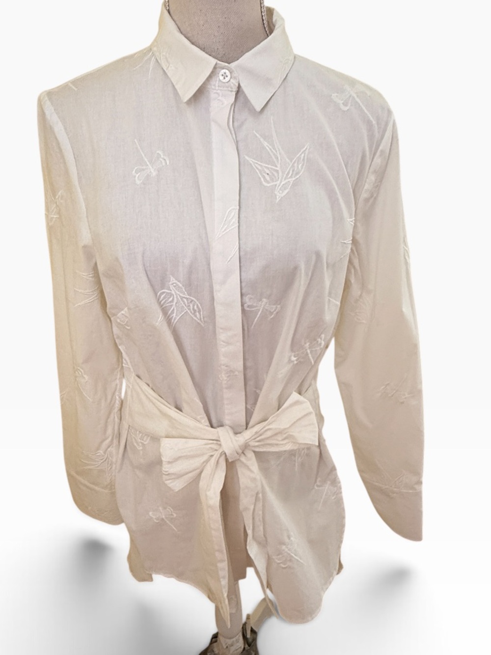Pearl by Lela Rose White Cotton Tie-Waist Embroidered Button-Down Shirt 12
